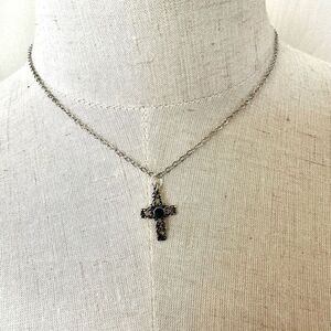 Silver tone and black dainty cross necklace